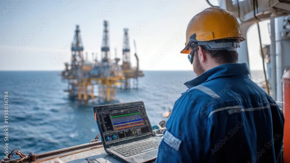 Offshore Operations Engineer Offshore Engineer at Work: An engineer, absorbed in monitoring a laptop ...