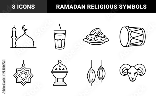 Islamic cultural traditions and Ramadan religious observance elements. Minimalist monoline pictograms featuring mosque architecture, fasting rituals, and festive symbols.