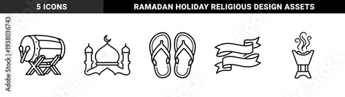 Islamic cultural celebration elements in monoline black and white aesthetic. Traditional mosque architecture, wooden drum, incense burner, and ribbon banners.