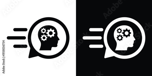 Profile of a human head with gears and motion lines in a speech bubble. Vector icon representing fast thinking, rapid processing, innovation, and AI logic.
