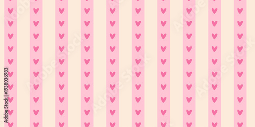 Seamless pattern with pink hearts on light pink and beige vertical stripes. Cute minimalist vector flat illustration for romantic textile, gift wrapping, Valentines day decor, aesthetic nursery decor