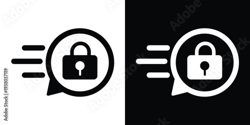 Fast security padlock icon in speech bubble with motion lines. Minimalist black and white vector symbol for quick data protection, secure messaging, and privacy.