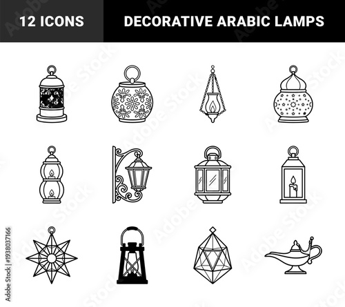 Traditional lantern and ornate lamp line art for festive celebrations. Decorative middle eastern lighting elements featuring ramadan fanous and magic lamp silhouettes.