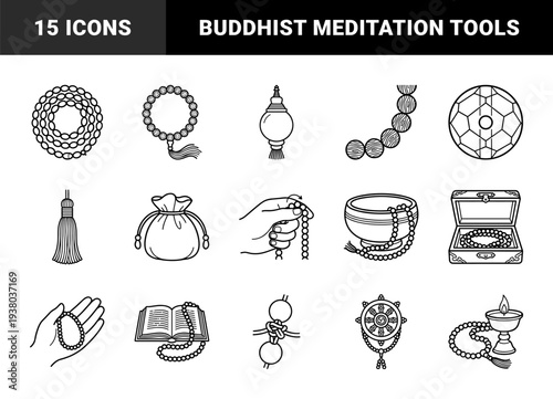 Buddhist prayer beads and meditation accessories in clean monoline style. Zen spiritual practice elements featuring malas, lotus sutra, and ritual tools.