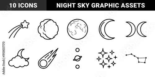 Celestial bodies and astronomical symbols in minimalist monoline style. Linear graphics of moon phases, planets, constellations, and shooting stars for educational design.