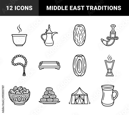 Arabic hospitality and cultural heritage line art. Minimalist monoline pictograms featuring dates, daggers, coffee pots, and traditional incense burners for Middle Eastern branding.
