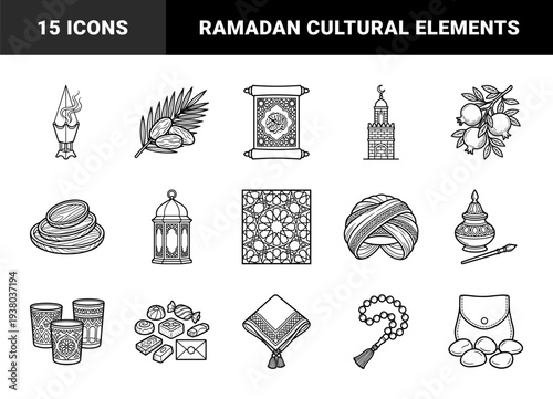 Islamic cultural heritage and Ramadan traditions featuring mosque architecture, prayer beads, and holy scripture. Clean monoline black and white line art symbols.