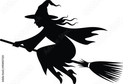 Silhouette of a witch flying on a broomstick with a pointed hat and flowing cape for Halloween spooky design