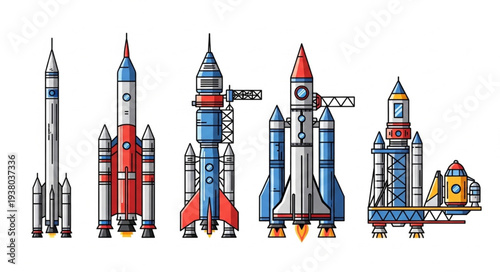 Collection of colorful rockets and spacecraft on white background.