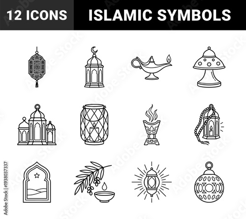 Ramadan Kareem and Islamic celebration line art elements. Minimalist monoline graphics featuring lanterns, incense burners, prayer beads, and dates for religious branding.