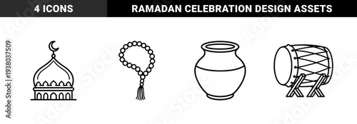 Islamic cultural and religious elements featuring mosque dome, prayer beads, ramadan drum, and water pot in bold monoline minimalist style.