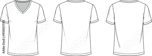 V Neck and Crew Neck Mens T Shirt Vector Technical Sketch Fashion Flat Mockup Front and Back View Template Set