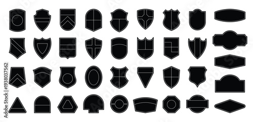 Shield icon set in vintage style. Protect shield security line icons. Badge quality symbol, sign, logo or emblem. Vector illustration