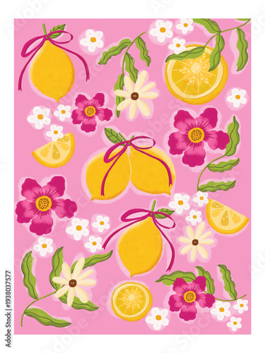 Hand-drawn pink lemonade illustration with lemons, pink flowers, and bows on a pink background