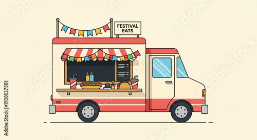 Colorful food truck with festival eats sign and banner