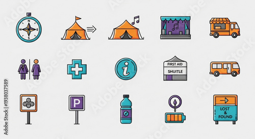 Collection of colorful camping and travel icons including tents vehicles signs and symbols for adventure and tourism