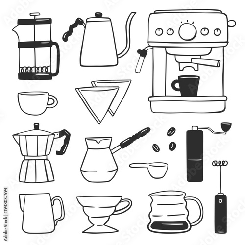 Devices for different coffee brewing methods. Vector hand-drawn illustration doodles set. Coffee machine, pour-over, geyser coffee maker, french press, cezve. Equipments for coffee making. 