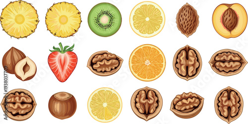 Fruit and nut collection with pineapple kiwi lemon orange strawberry peach walnut hazelnut and almond healthy food vector illustration set