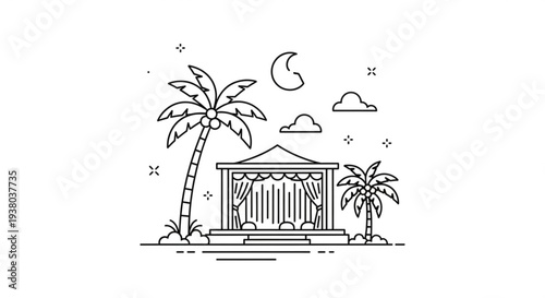 Black line drawing tropical beach hut with palm trees at night under crescent moon