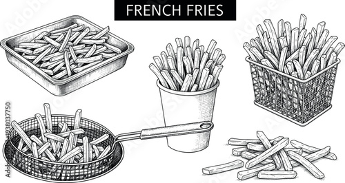 French fries fast food collection with basket cup tray and fryer hand drawn sketch style snack vector illustration set