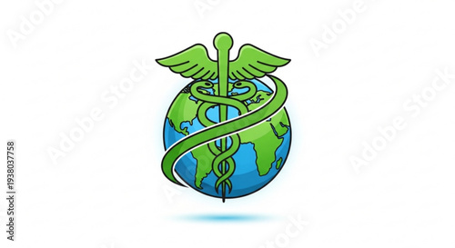 Global healthcare symbol with caduceus wrapped around earth globe on white background
