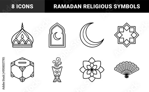 Islamic cultural heritage and Ramadan celebration symbols in bold monoline style. Traditional Arabian architectural elements, celestial motifs, and religious ceremonial objects.