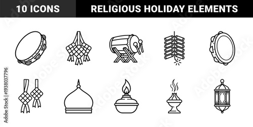 Ramadan and Eid Mubarak cultural celebration elements featuring traditional drums, lanterns, and ketupat rice cakes. Monoline aesthetic for religious holiday greeting cards.