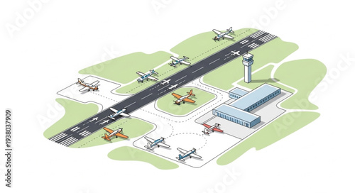 Aerial view of a busy airport with airplanes on the runway and tarmac.