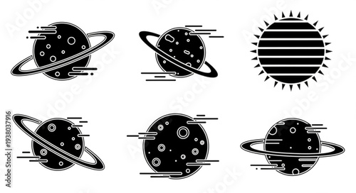 Set of stylized planets and sun icons with glitch effect.