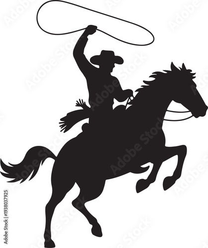 Cowboy silhouette with rope lasso on horse vector illustration isolated on white background for rodeo western design