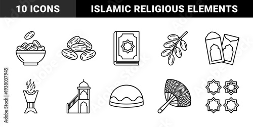 Ramadan and Islamic cultural traditions featuring dates, Quran, incense burner, and mosque architecture. Clean monolinear outlines for religious education and festive greeting design.