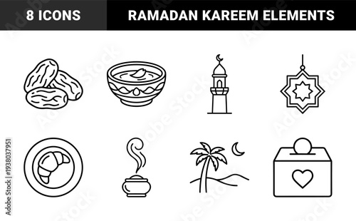 Ramadan and Islamic cultural traditions line art. Minimalist monoline pictograms for religious holiday branding, community charity, and Middle Eastern heritage.