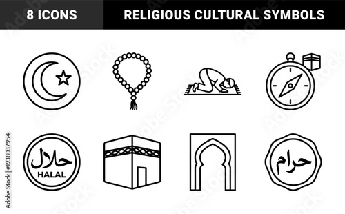 Islamic religious practice and cultural traditions. Minimalist monoline symbols featuring prayer rituals, halal certification, and sacred architecture.
