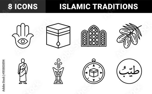 Islamic pilgrimage and Ramadan tradition line elements. Minimalist monoline pictograms featuring Kaaba, hamsa, dates, and prayer essentials for religious cultural projects.