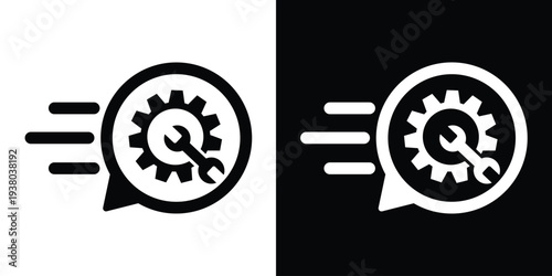 Multiple moving gears representing fast processing and rapid automation. Ideal for high-speed technology, efficient workflows, and quick system performance. Clean black and white graphics.