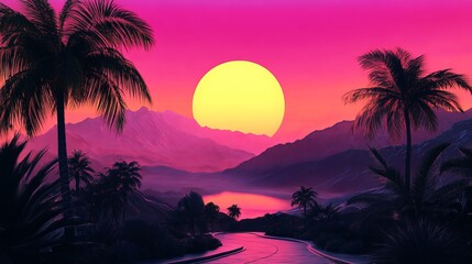 Crédence de cuisine Rose A serene tropical landscape with palm trees and a winding road at sunset  © Harry