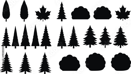 Tree and bush silhouettes collection, pine evergreen forest trees and garden shrubs icons, nature landscape vector illustration set