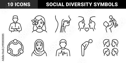 Human interaction and cultural identity symbols for community wellness. Monolinear black line art representing family, religion, and social connection.