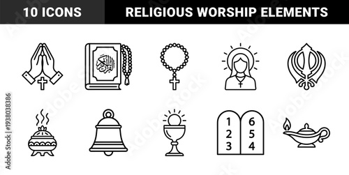 Religious symbols and spiritual ritual elements for cultural education. Monoline black pictograms featuring sacred texts, prayer tools, and divine worship concepts.