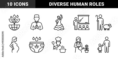 Diverse lifestyle and community roles in technical monoline aesthetic featuring education, religion, environment, family, and culinary professions.
