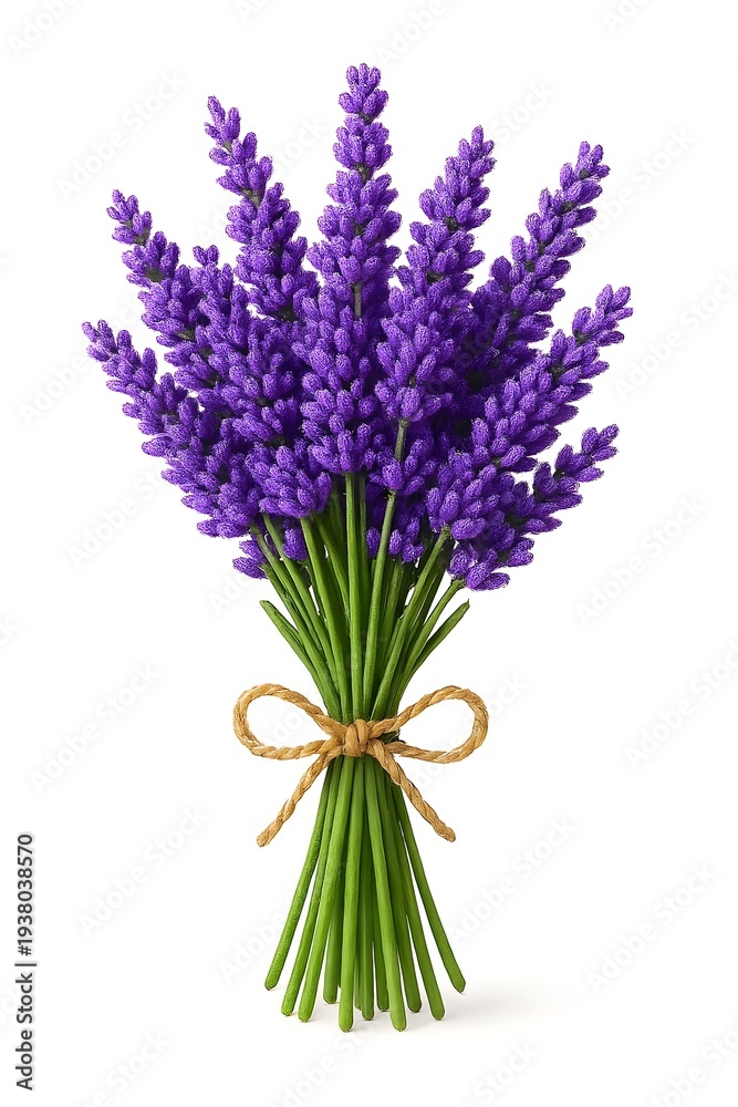 Obraz premium Bouquet of Fresh Purple Lavender Flowers Tied with Jute Rope Bow Isolated on White Background - Aromatic Herbal Bunch for Wellness, Relaxation, and Home Decor