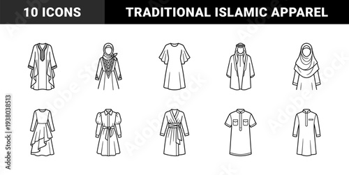 Traditional Islamic clothing and modest fashion line art. Minimalist monoline sketches of abaya, thobe, hijab, and middle eastern cultural attire.