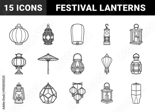 Traditional lantern and lighting elements for cultural festivals. Decorative monoline illustrations featuring oriental, rustic, and vintage lamp designs.