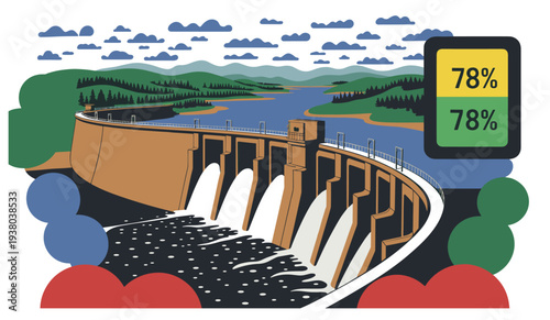 Hydroelectric dam and reservoir landscape water management infrastructure. Vector illustration of hydroelectric dam releasing water from reservoir in natural landscape. Concept of water management.