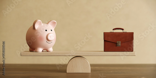 A pink piggy bank and a brown leather briefcase balanced on a wooden seesaw representing financial decisions
