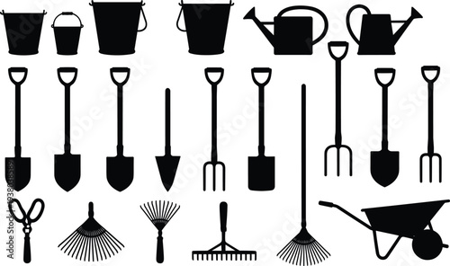 Garden tools silhouette collection including shovel rake fork watering can bucket wheelbarrow and scissors isolated black gardening equipment vector set