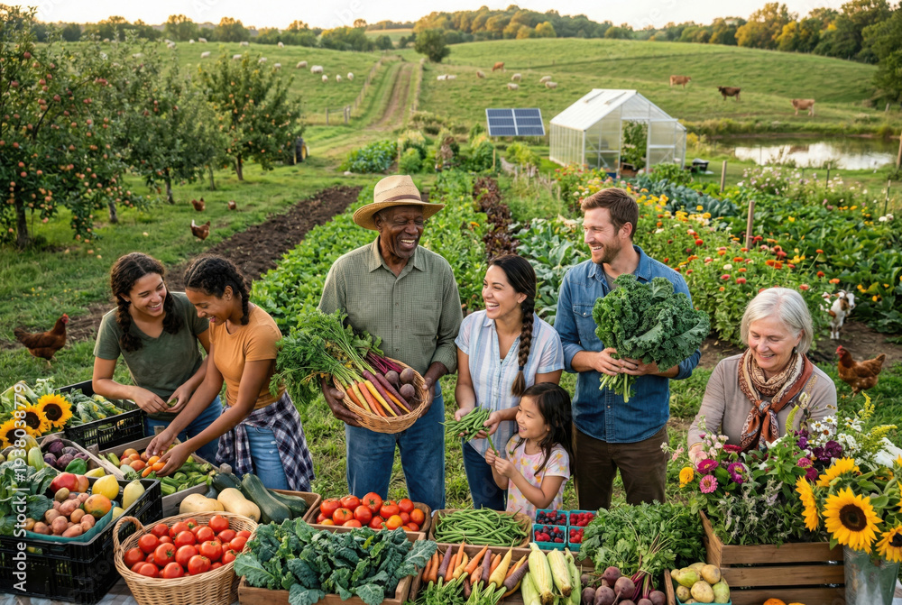 Obraz premium Happy diverse multi-generational family of farmers holding baskets of fresh organic produce in a lush vegetable garden with greenhouse