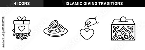 Islamic charitable giving and Ramadan traditions featuring dates fruit, donation box, and gift giving. Minimalist monoline bold stroke cultural elements for religious holiday design.