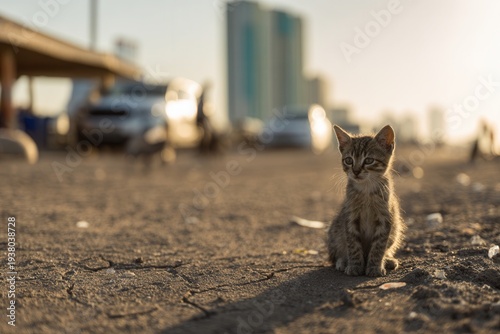 Small kitten looking at camera while sitting on dusty ground near city buildings at golden hour