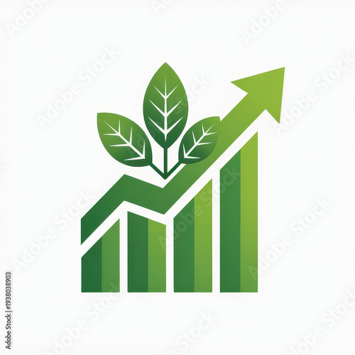 Green bar chart with growing plant and upward arrow